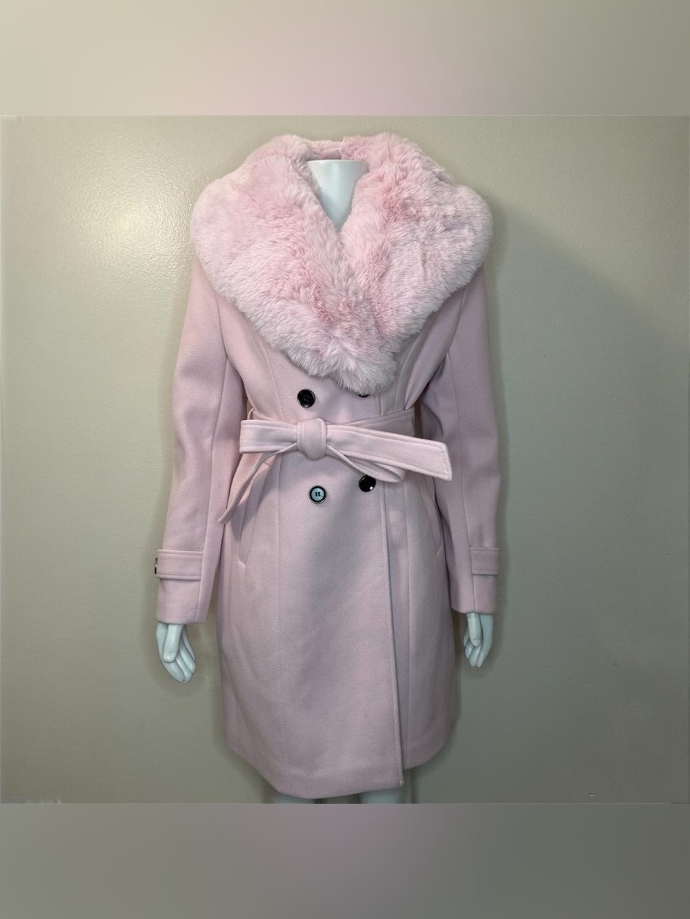 Baby pink removable faux fur on collar double breasted belted pea coat
